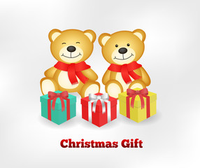  vector of two very cute teddy bears in brown and a white background. Text merry christmas, gifts for Christmas, happiness illustration.