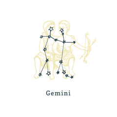 Zodiacal constellation of Gemini on background of drawn symbol in engraving style. Vector illustration of sign Twins.