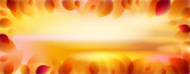Yellow and orange leaves and blurred autumn nature background beyond, realistic bright vector illustration with copy space for text.