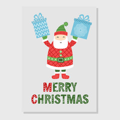 Merry Christmas and New Year greeting card with Santa Claus, gift box, hand lettering sign. Holiday cartoon vector illustration. Colorful funny hand drawn template.