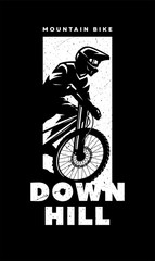 Mountain bike, downhill. Banner, t-shirt print design on a dark background. Vector illustration.