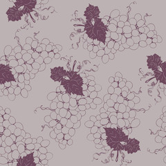 Vector seamless pattern with wonderful colorful tasty nice grape branches, hand-drawn in graphic, real-style at the same time. Purple outline. Green leaf, beautiful vine. The healthy, juicy, fresh