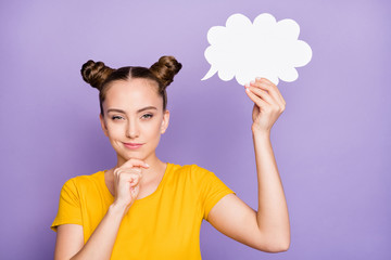 Photo of funny pretty lady holding paper cloud mind deeply thinking creative dialogue answer arm...