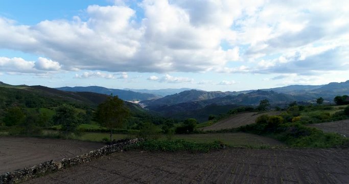 Aerial view of the cultivated fields and landscape near the traditional village of Pitoes das Junias at the Peneda Geres National Park in Portugal