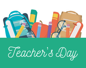 happy teachers day card with schoolbag and supplies