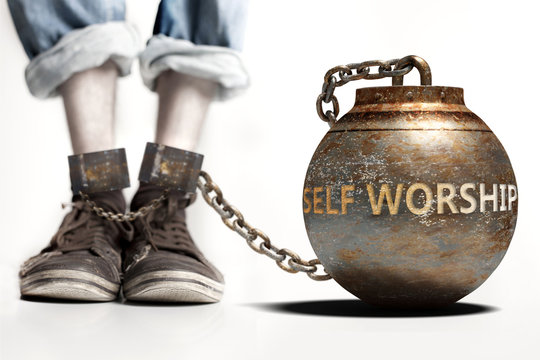 Self worship can be a big weight and a burden with negative influence - Self worship role and impact symbolized by a heavy prisoner's weight attached to a person, 3d illustration