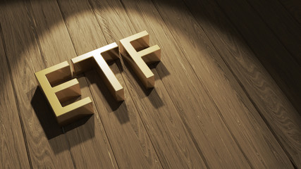 3D Rendering of golden shining ETF text (Exchange Traded Fund) on wood plate background.