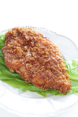Japanese food, pork cutlet on lettuce with copy space