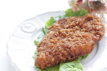 Japanese food, pork cutlet on lettuce with copy space