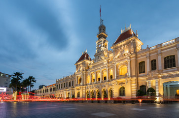 Saigon City Hall, night  blue golden hour after sunset with Car Light Motion Blur 