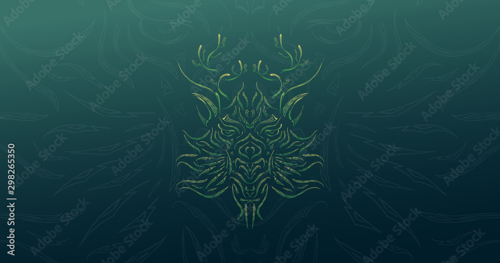 Wall mural Nature spirit abstract hand drawn illustration background, digital line art style fantasy dragon, ornamental nature guardian concept