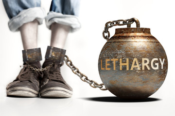 Lethargy can be a big weight and a burden with negative influence - Lethargy role and impact symbolized by a heavy prisoner's weight attached to a person, 3d illustration - obrazy, fototapety, plakaty