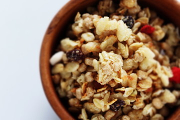 Healthy breakfast, granola and dried fruit