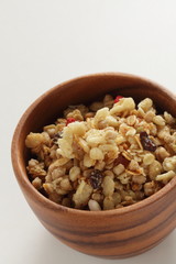 Healthy breakfast, granola and dried fruit