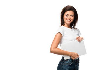Fototapeta na wymiar beautiful smiling woman holding laptop, isolated on white