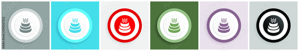 Aufkleber cake icon set, colorful flat design vector illustrations in 6 options for web design and mobile appl