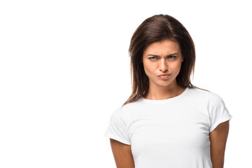 Fototapeta premium thoughtful woman in white t-shirt looking at camera, isolated on white