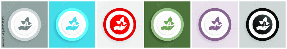 Aufkleber hand protect plant growth icon set, colorful flat design vector illustrations in 6 options for web d