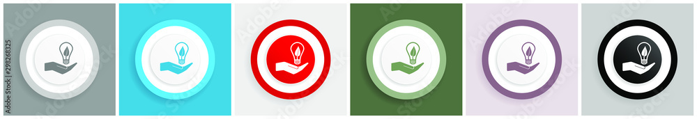 Poster Ecology bulb on hand icon set, colorful flat design vector illustrations in 6 options for web design and mobile applications