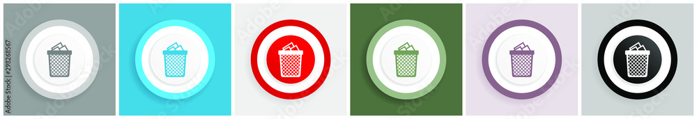 Leinwandbilder trash can icon set, colorful flat design vector illustrations in 6 options for web design and mobile
