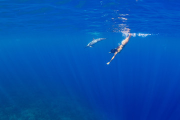 Woman in bikini swimming with dolphin in ocean