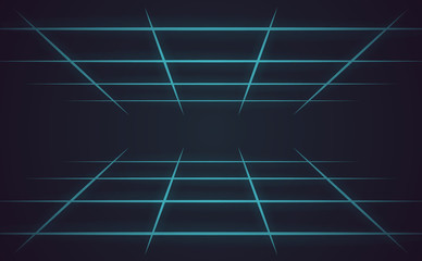 80s background, vector set of elements. Illustration in the style of futurism. Neon grid. Symbol of technology and cyberpunk. Vintage poster of virtual reality.