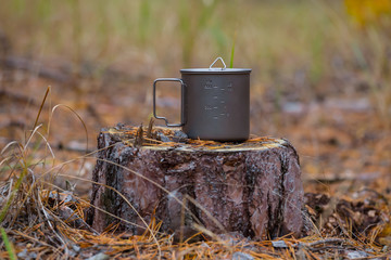 closeup titanium cup stay on a stump in the forest, travel equipment background