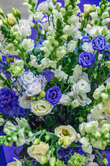 Beautiful bouquet of white, blue and two-tone eustoma close-up. Selective focus, varieties of modern selection