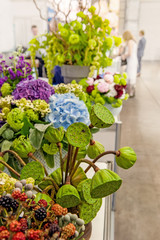 Bouquet of Lotus fruits and beautiful purple, green and white hydrangeas Modern trends in floriculture. decoration of residential premises with flowers