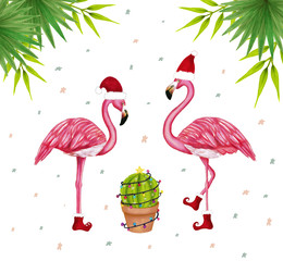 Merry Christmas background. Happy pink flamingo in a Santa hat and cactus in garland. Cute Navidad greeting card, print, label, poster, sign. Hand drawn mexico design.