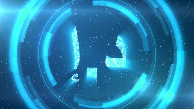 Blue Emirati dirham currency symbol centered on a starscape background with HUD elements. Seamlessly loopable animation.