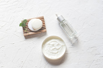 Natural cosmetics on a white natural background.