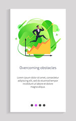 Overcoming obstacles vector, businessman wearing formal suit running successful person with infochart in timeline scales worker achieving success. Website or app slider, landing page flat style