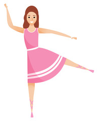 Obraz na płótnie Canvas Woman in pink dress, smiling isolated. Pretty girl balancing on one leg, ballerina or ballet dancer in flat design cartoon style. Happy lady on dance. Vector illustration in flat cartoon style