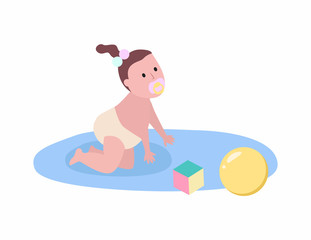 Infant girl with pacifier crawling on rug or blanket isolated cartoon child. Blocks constructor and rubber ball, toddler in diaper, cartoon style newborn. Vector illustration in flat