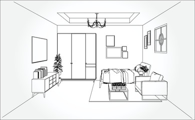 Linear sketch of an interior. Living room and bedroom drawing plan. Sketch Line sofa set. Vector illustration.outline sketch drawing perspective of a interior space.