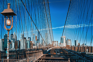 Lower Manhattan  from Brooklyn Bridge which across the East Rive, between Manhattan and Brooklyn. New York.
