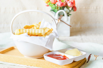 French fries and tomato dipping sauce.