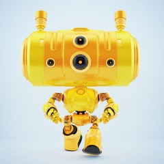 Walking robotic yellow toy with big tube head. 3d rendering