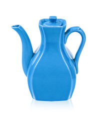 Vintage blue ceramic teapot isolated on white.