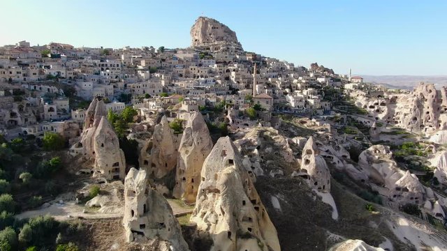 Aerial view of Pigeon Valley and Uchisar village & castle at Cappadocia, Turkey