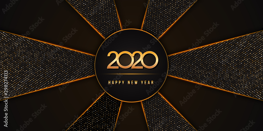Wall mural 2020 happy new year text design with golden numbers on black background textured with golden glitter