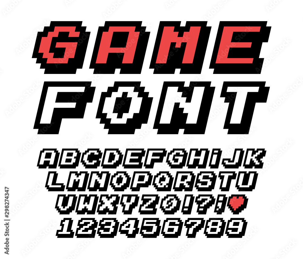 Fototapete Pixel font vector letters set. Game design. Font of old games. 8 bit letters and numbers vector alphabet.