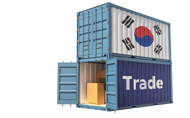 Freight container with South Korea flag. Isolated on white - 3D Rendering