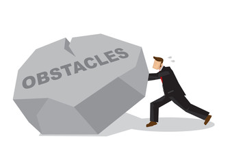 Illustration of a businessman lifting a giant rock. Metaphor concept of obstacles challenge, breakthrough and business risk.