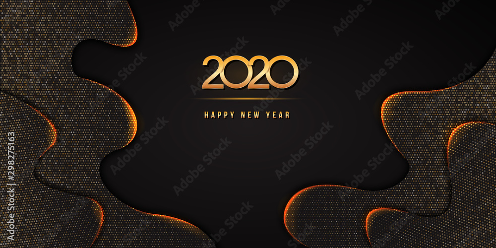 Wall mural 2020 happy new year text design with golden numbers on abstract black wavy background textured with 