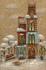 Christmas winter card with victorian house with trees, snow, bench. Hand drawn colored pencil illustration.