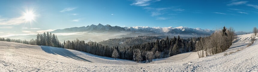 Beautiful winter landscape with a view of the Tatra Mountains