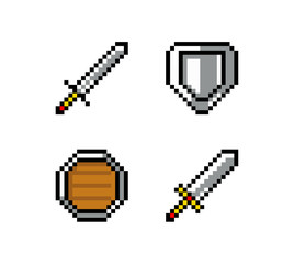 Fototapeta premium Pixel art, game item, icon and objects for the design. Vector illustration. Fantasy world. Old game console.