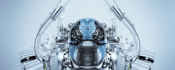 Wired white robotic eternal organ - brain 3d render / Connected robotic brain 3d illustration